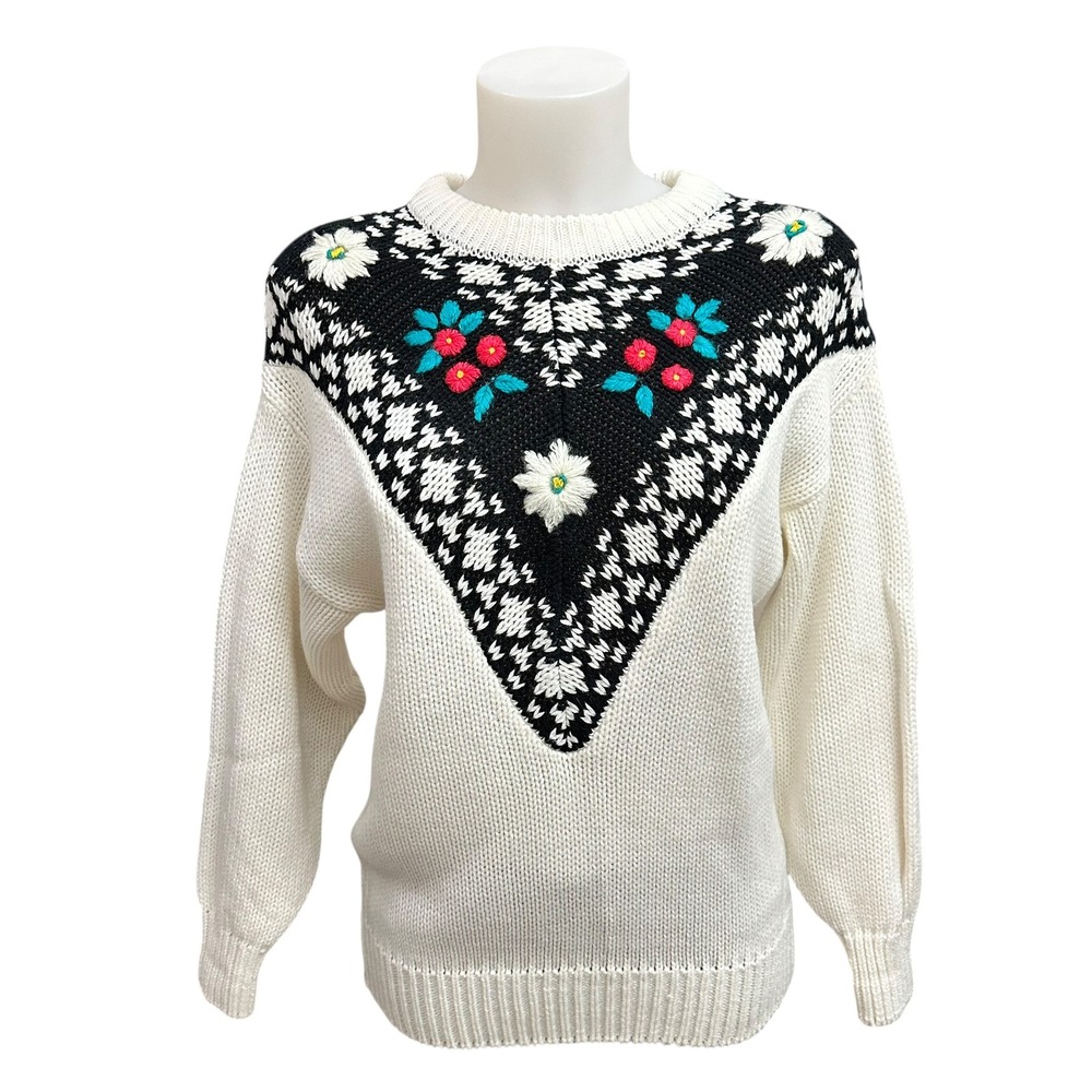 Vintage Bristol Court Sweater Cream Chunky Knit Floral Pattern Crew Neck Small‎
